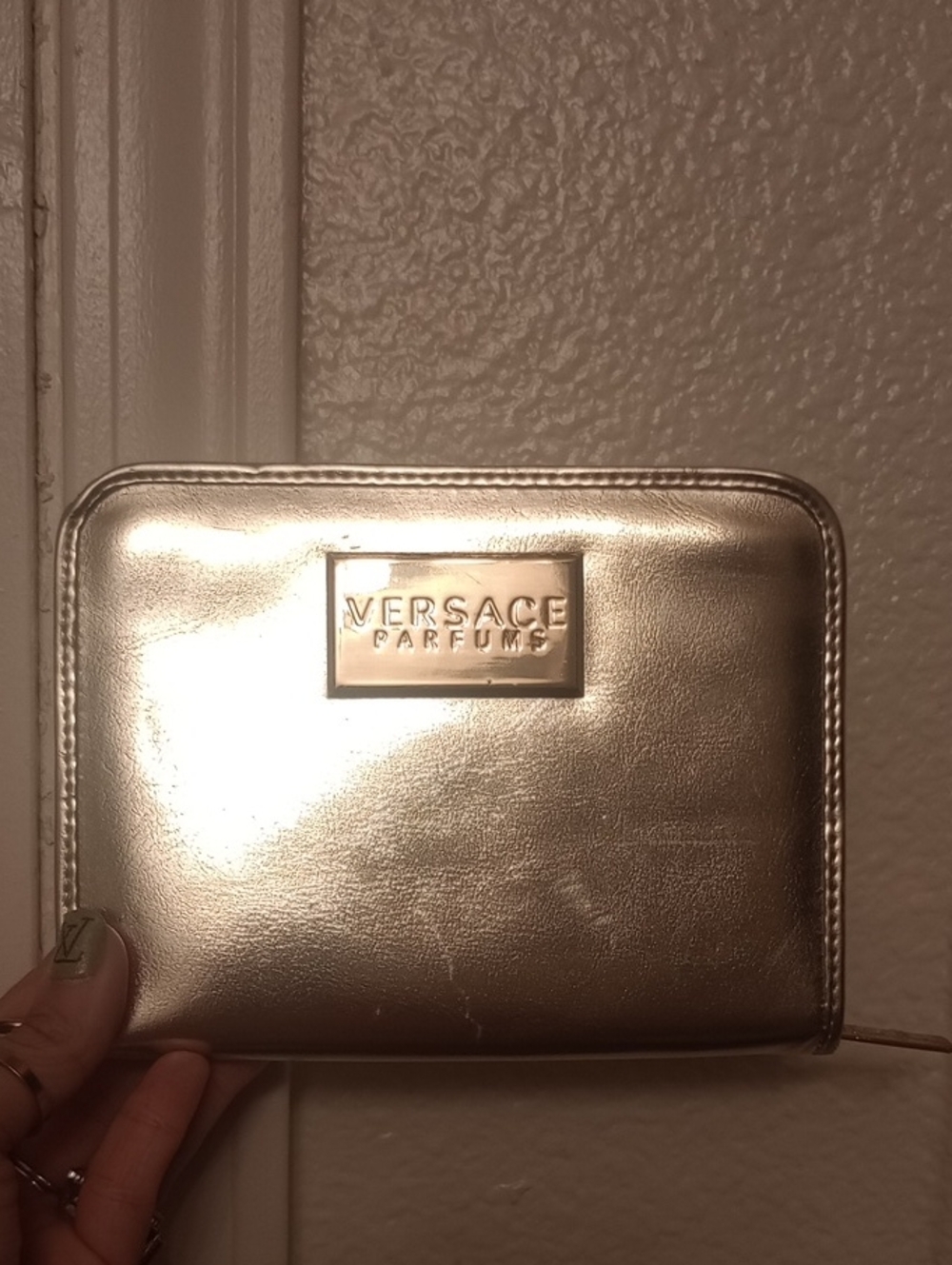 Versace Parfums Metallic Gold Clutch Cosmetic Bag GWP Logo Zip Case